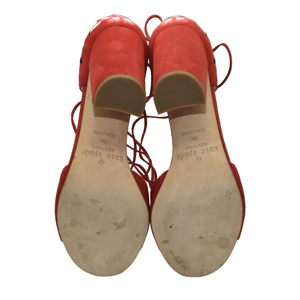 B0 NWOB KATE SPADE Red Suede Embroidered Accent Tie Block Heel Sandals Size 7 M - Picture 8 of 9